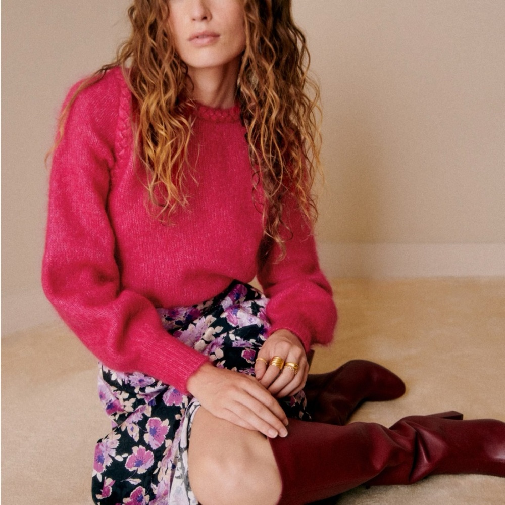 Sezane Hot Pink Wool Blend Crewneck Sweater